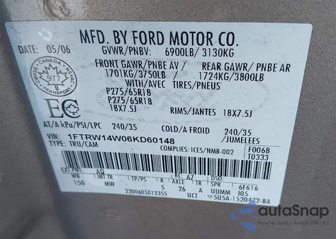 2006 Ford F-150 Xlt from USA, damaged, VIN 1FTRW14W06KD60148